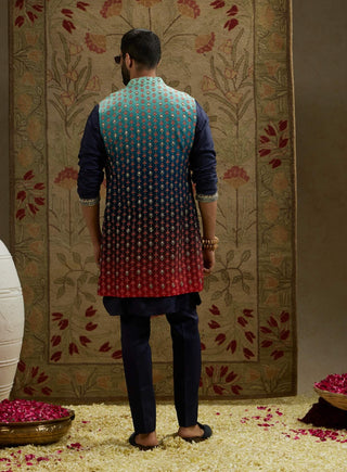 Sva By Sonam And Paras Modi Men Blue Red Ombre Embroidered Long Bundi available on indiaspopup