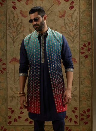 Sva By Sonam And Paras Modi Men Blue Red Ombre Embroidered Long Bundi available on indiaspopup