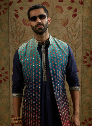 Sva By Sonam And Paras Modi Men Blue Red Ombre Embroidered Long Bundi available on indiaspopup