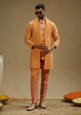 Sva By Sonam And Paras Modi Men Orange Geo Embellished Jacket available on indiaspopup
