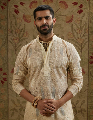 Sva By Sonam And Paras Modi Men Ivory Magnolia Embellished Kurta And Pants available on indiaspopup