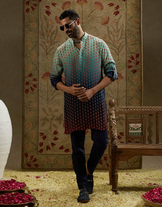 Sva By Sonam And Paras Modi Men Blue Red Ombre Print Kurta available on indiaspopup