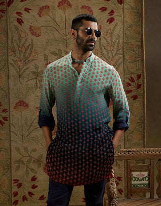 Sva By Sonam And Paras Modi Men Blue Red Ombre Print Kurta available on indiaspopup