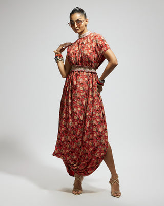 Sva By Sonam And Paras Modi Orange Jaal Printed Cowl Dress And Belt available on indiaspopup