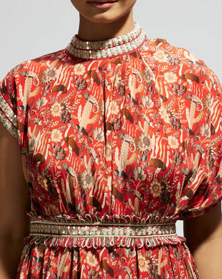 Sva By Sonam And Paras Modi Orange Jaal Printed Cowl Dress And Belt available on indiaspopup