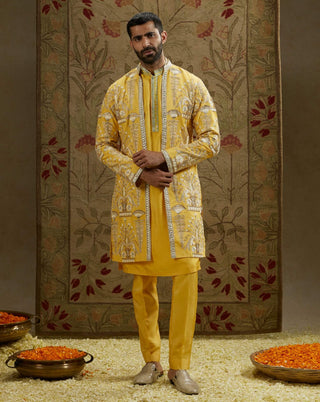 Sva By Sonam And Paras Modi Men Yellow Dandelion Butta Jacket available on indiaspopup