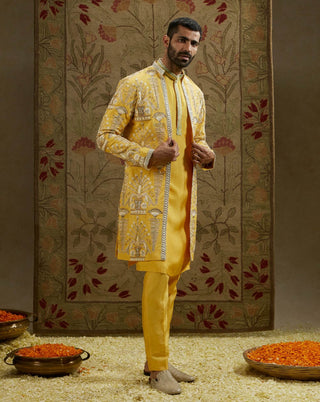 Sva By Sonam And Paras Modi Men Yellow Dandelion Butta Jacket available on indiaspopup