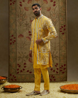Sva By Sonam And Paras Modi Men Yellow Dandelion Butta Jacket available on indiaspopup