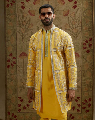 Sva By Sonam And Paras Modi Men Yellow Dandelion Butta Jacket available on indiaspopup