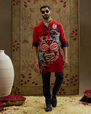 Sva By Sonam And Paras Modi Men Red Mask Print Kurta available on indiaspopup