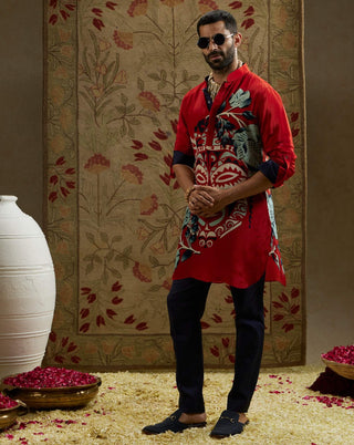 Sva By Sonam And Paras Modi Men Red Mask Print Kurta available on indiaspopup