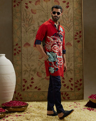 Sva By Sonam And Paras Modi Men Red Mask Print Kurta available on indiaspopup