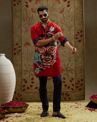 Sva By Sonam And Paras Modi Men Red Mask Print Kurta available on indiaspopup