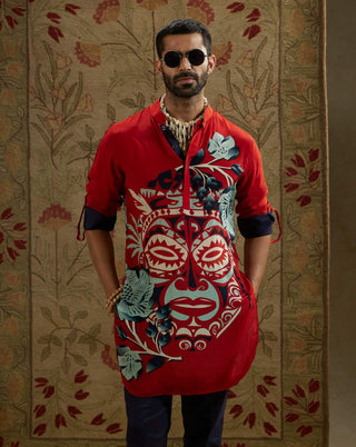 Sva By Sonam And Paras Modi Men Red Mask Print Kurta available on indiaspopup