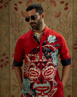Sva By Sonam And Paras Modi Men Red Mask Print Kurta available on indiaspopup