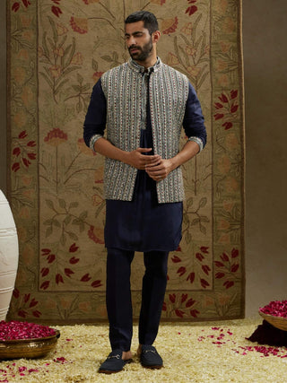 Sva By Sonam And Paras Modi Men Blue Midnight Patti Embellished Kurta And Bundi Set available on indiaspopup