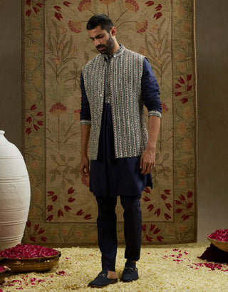 Sva By Sonam And Paras Modi Men Blue Midnight Patti Embellished Kurta And Bundi Set available on indiaspopup