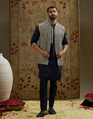 Sva By Sonam And Paras Modi Men Blue Midnight Patti Embellished Kurta And Bundi Set available on indiaspopup