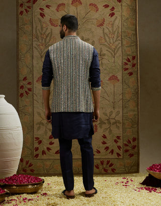 Sva By Sonam And Paras Modi Men Blue Midnight Patti Embellished Kurta And Bundi Set available on indiaspopup
