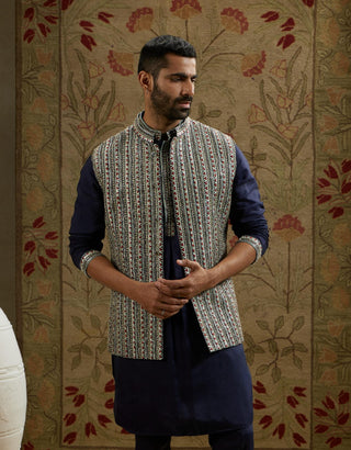 Sva By Sonam And Paras Modi Men Blue Midnight Patti Embellished Kurta And Bundi Set available on indiaspopup