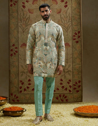 Sva By Sonam And Paras Modi Men Teal Blue Embellished Kurta And Pants available on indiaspopup