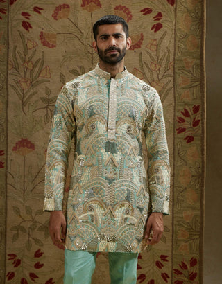 Sva By Sonam And Paras Modi Men Teal Blue Embellished Kurta And Pants available on indiaspopup