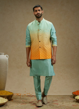 Sva By Sonam And Paras Modi Men Blue Orange Ombre Butti Printed Bundi available on indiaspopup