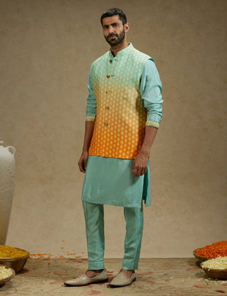 Sva By Sonam And Paras Modi Men Blue Orange Ombre Butti Printed Bundi available on indiaspopup