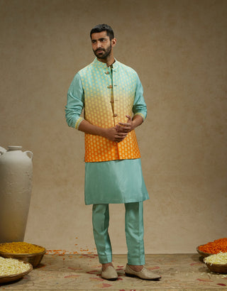 Sva By Sonam And Paras Modi Men Blue Orange Ombre Butti Printed Bundi available on indiaspopup