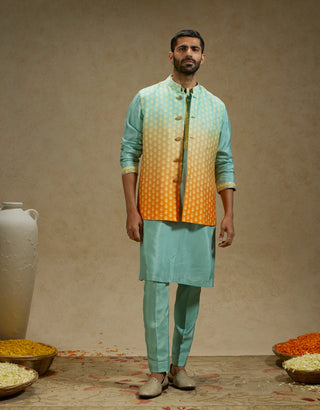 Sva By Sonam And Paras Modi Men Blue Orange Ombre Butti Printed Bundi available on indiaspopup
