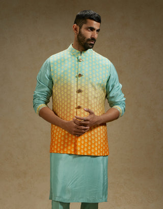 Sva By Sonam And Paras Modi Men Blue Orange Ombre Butti Printed Bundi available on indiaspopup