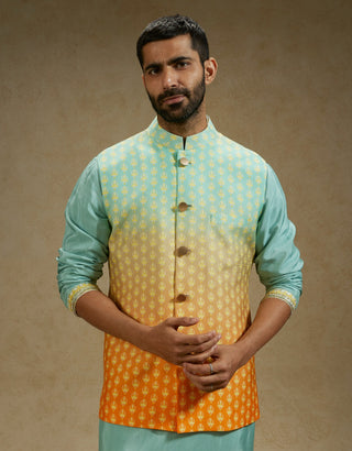 Sva By Sonam And Paras Modi Men Blue Orange Ombre Butti Printed Bundi available on indiaspopup