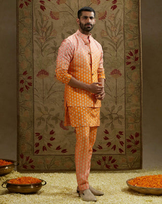 Sva By Sonam And Paras Modi Men Pink Orange Pink Ombre Butti Printed Bundi available on indiaspopup