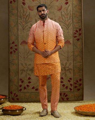 Sva By Sonam And Paras Modi Men Pink Orange Pink Ombre Butti Printed Bundi available on indiaspopup
