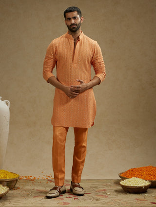 Sva By Sonam And Paras Modi Men Orange Metal Embellished Lucknowi Kurta available on indiaspopup