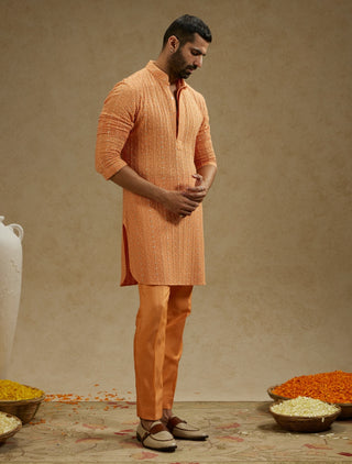 Sva By Sonam And Paras Modi Men Orange Metal Embellished Lucknowi Kurta available on indiaspopup
