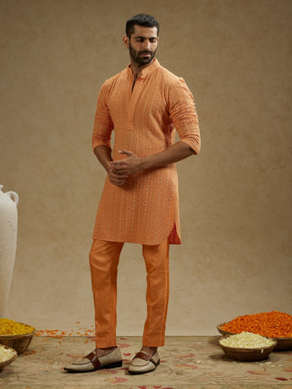 Sva By Sonam And Paras Modi Men Orange Metal Embellished Lucknowi Kurta available on indiaspopup
