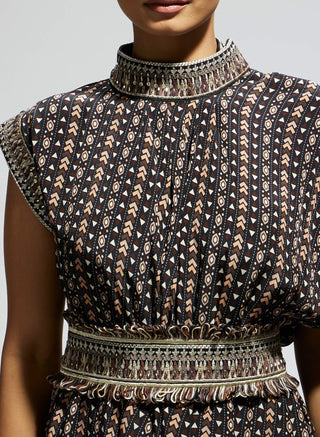 Sva By Sonam And Paras Modi Black Boho Print Stripe Print Cowl Dress And Belt available on indiaspopup