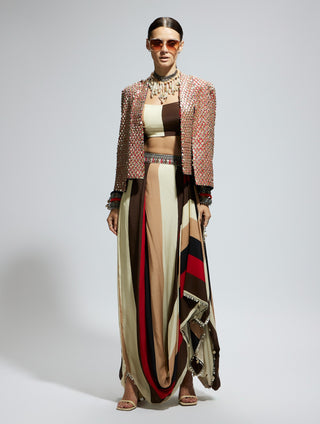 Sva By Sonam And Paras Modi Orange Embellished Cape Jacket With Bustier And Skirt available on indiaspopup