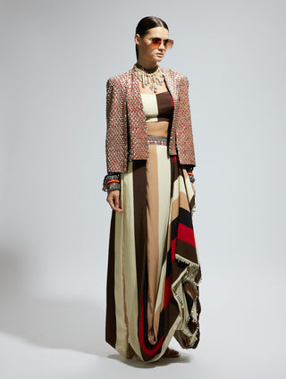Sva By Sonam And Paras Modi Orange Embellished Cape Jacket With Bustier And Skirt available on indiaspopup