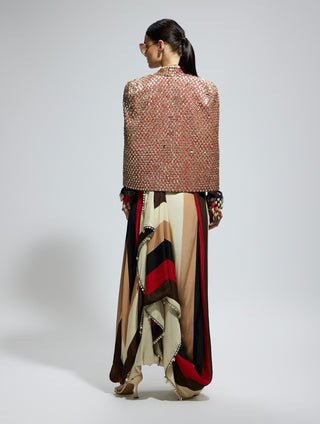 Sva By Sonam And Paras Modi Orange Embellished Cape Jacket With Bustier And Skirt available on indiaspopup