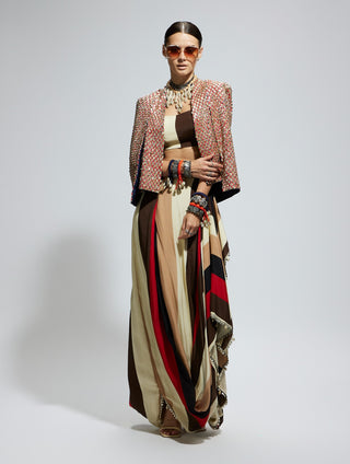 Sva By Sonam And Paras Modi Orange Embellished Cape Jacket With Bustier And Skirt available on indiaspopup