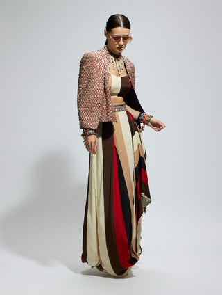 Sva By Sonam And Paras Modi Orange Embellished Cape Jacket With Bustier And Skirt available on indiaspopup