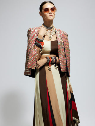 Sva By Sonam And Paras Modi Orange Embellished Cape Jacket With Bustier And Skirt available on indiaspopup
