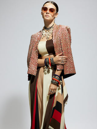 Sva By Sonam And Paras Modi Orange Embellished Cape Jacket With Bustier And Skirt available on indiaspopup