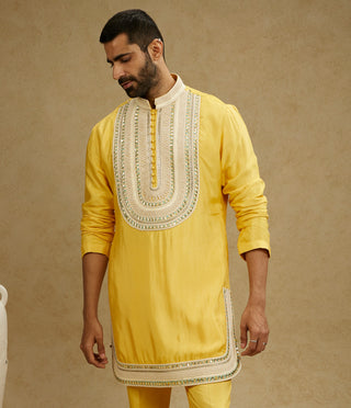 Sva By Sonam And Paras Modi Men Yellow Dandelion Threadwork Yoke Kurta And Pants available on indiaspopup