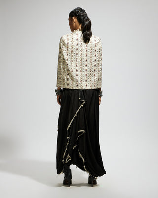 Sva By Sonam And Paras Modi Ivory Black Embellished Cape And Drape Skirt Set available on indiaspopup