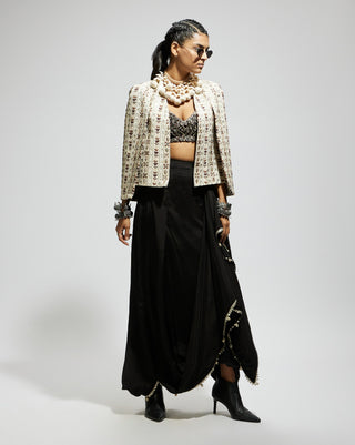 Sva By Sonam And Paras Modi Ivory Black Embellished Cape And Drape Skirt Set available on indiaspopup