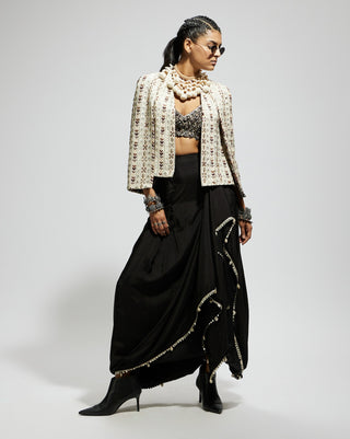 Sva By Sonam And Paras Modi Ivory Black Embellished Cape And Drape Skirt Set available on indiaspopup
