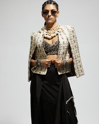Sva By Sonam And Paras Modi Ivory Black Embellished Cape And Drape Skirt Set available on indiaspopup